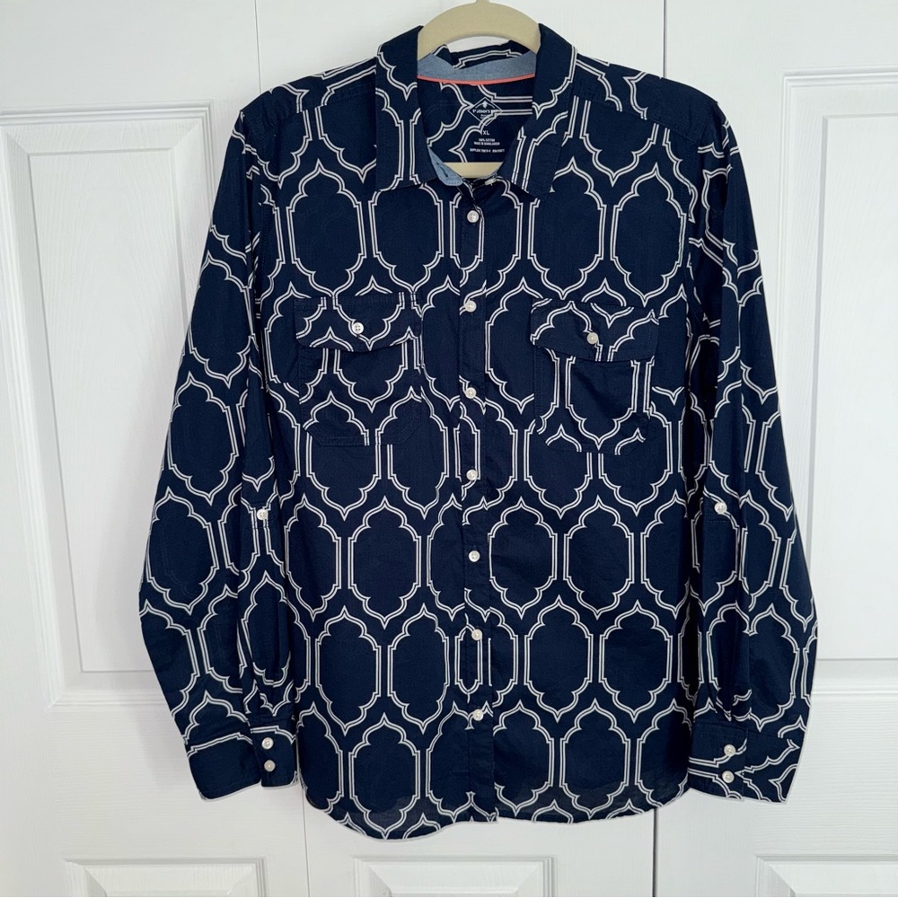 St. John's Bay Women’s Navy‎ White Moroccan Cotton Button lightweight Shirt XL - Picture 2 of 11